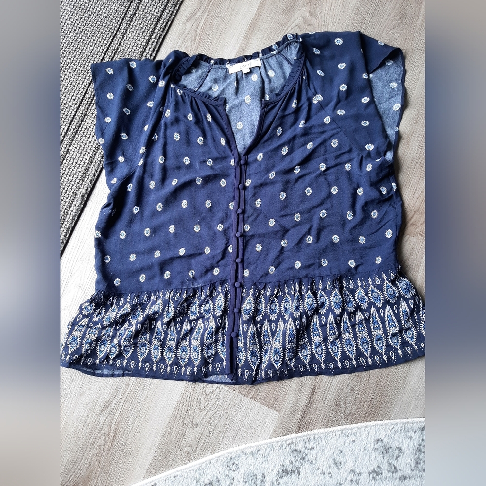 Loft Navy Blue Geo Ruffle Peplum Button Up Blouse Flutter Cap Sleeve